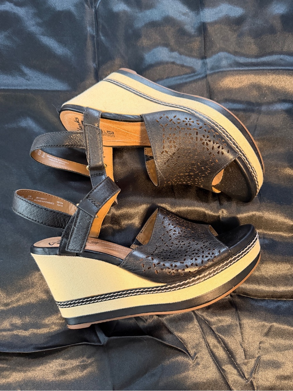 Clarks Black Perforated Leather Wedge Sandals with Cream Platform